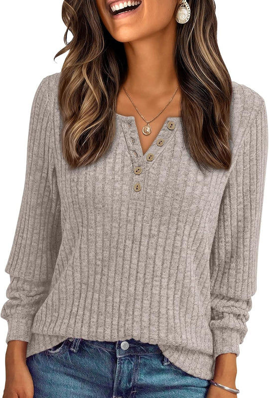 Janelle – Ribbed Knit Henley Long Sleeve Top for Women