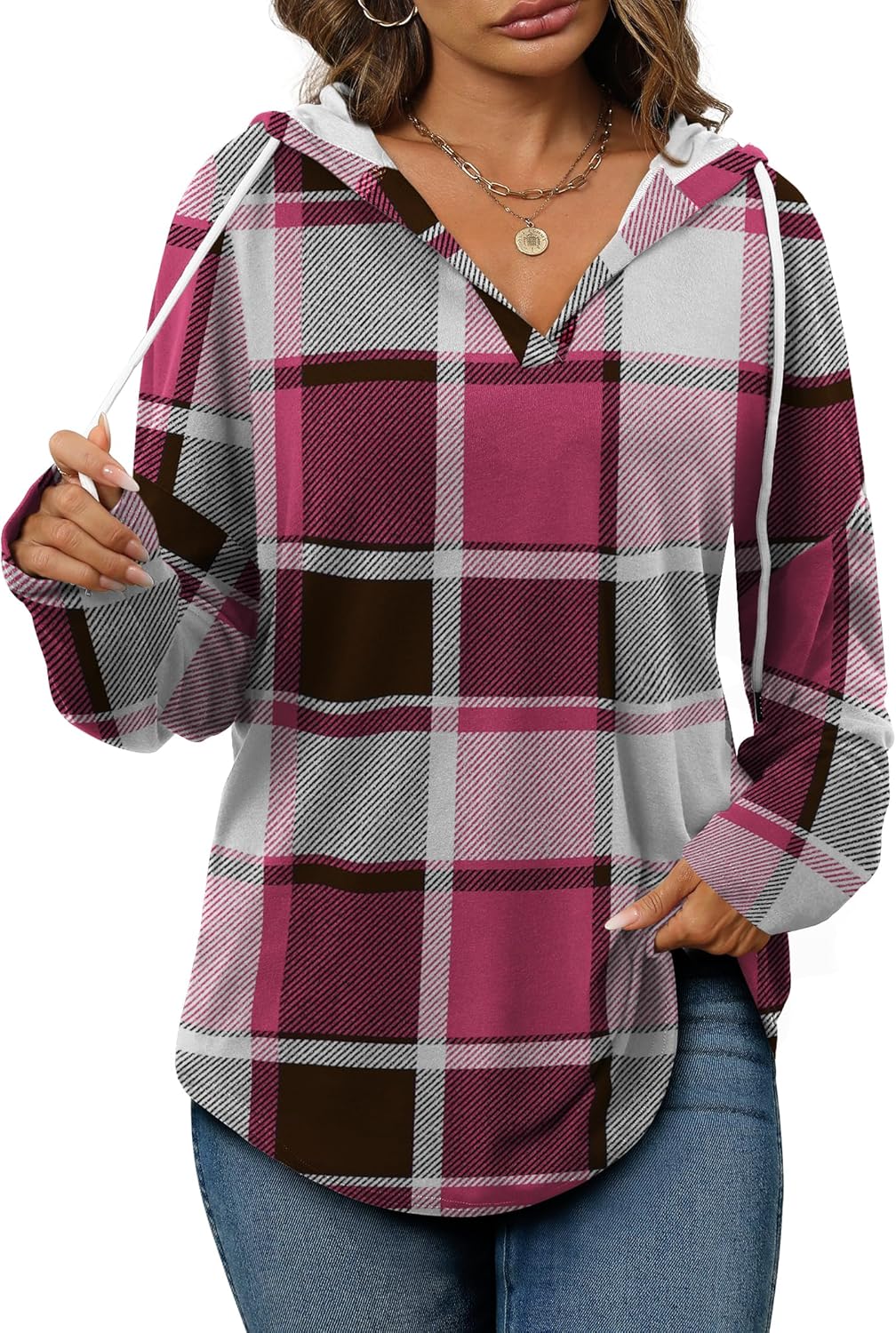 Addie – Plaid Hoodie Long-Sleeve Top for Women