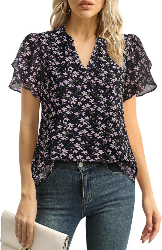 Roberta – Feminine Flutter Sleeve V-Neck Blouse for Women
