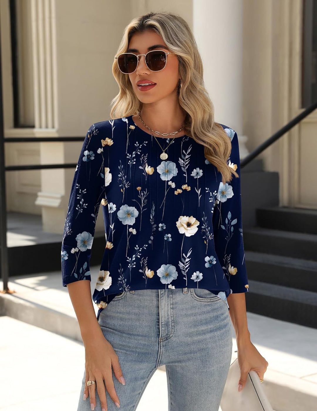 Princess – 3/4 Sleeve Floral Pleated Tunic Top for Women