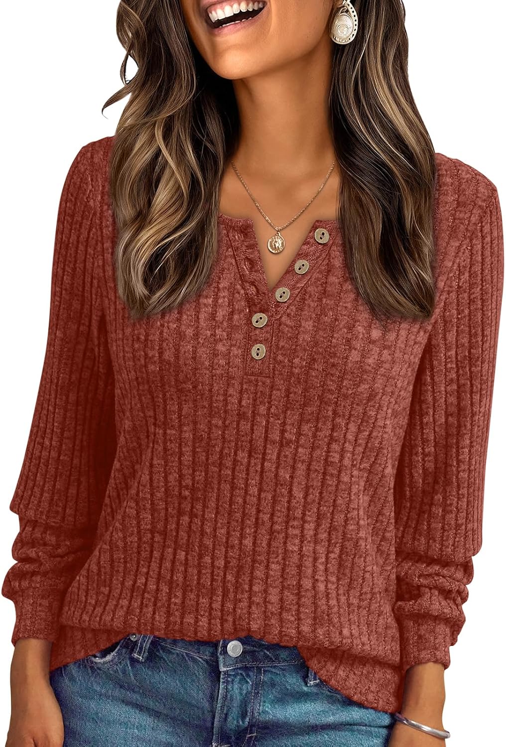 Janelle – Ribbed Knit Henley Long Sleeve Top for Women
