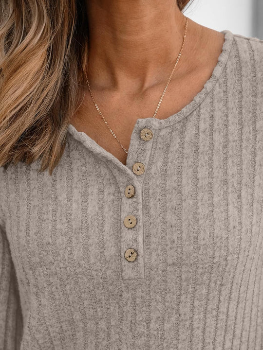 Janelle – Ribbed Knit Henley Long Sleeve Top for Women