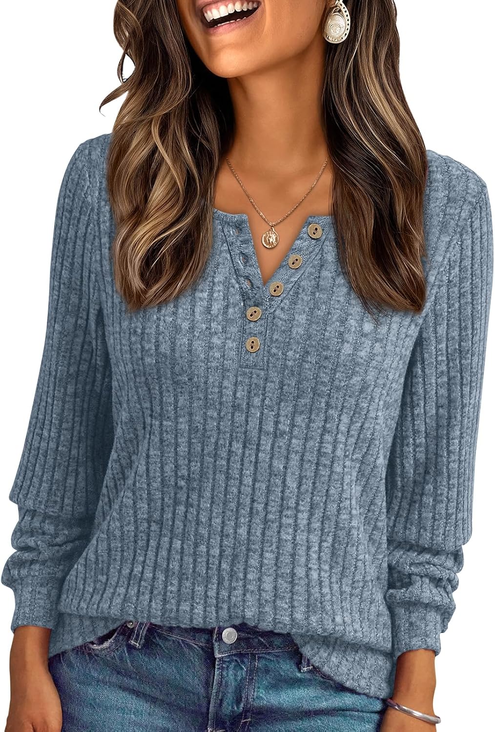 Janelle – Ribbed Knit Henley Long Sleeve Top for Women