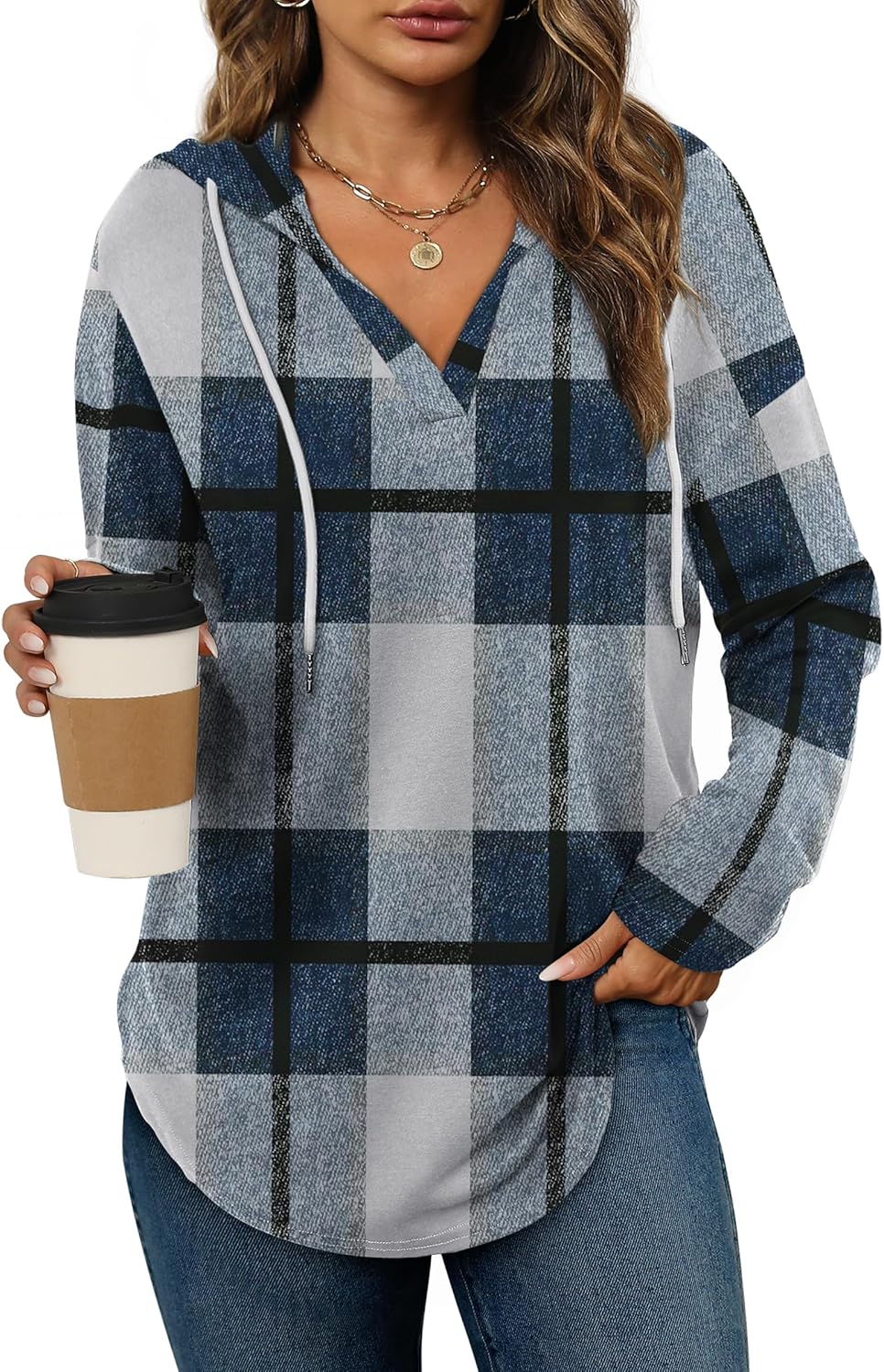 Sara – Cozy Plaid & Solid Print Hoodie Top for Women