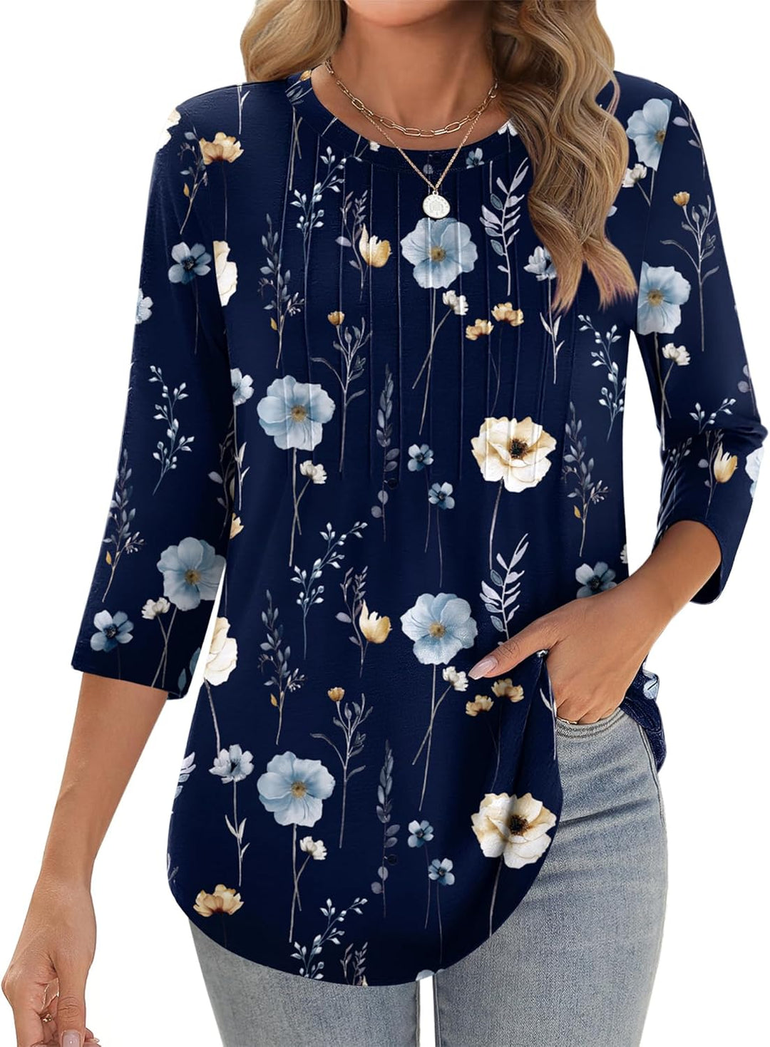 Princess – 3/4 Sleeve Floral Pleated Tunic Top for Women