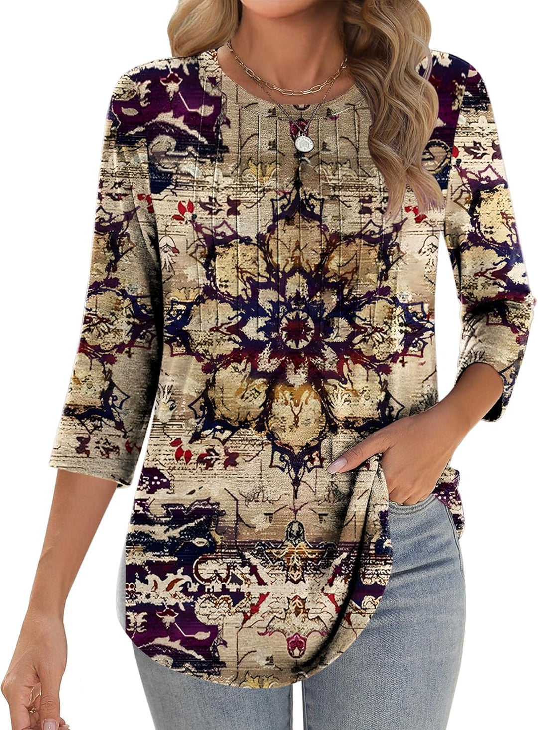Princess – 3/4 Sleeve Floral Pleated Tunic Top for Women