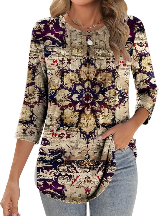 Princess – 3/4 Sleeve Floral Pleated Tunic Top for Women