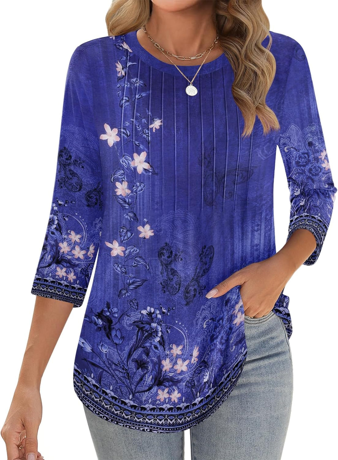 Princess – 3/4 Sleeve Floral Pleated Tunic Top for Women