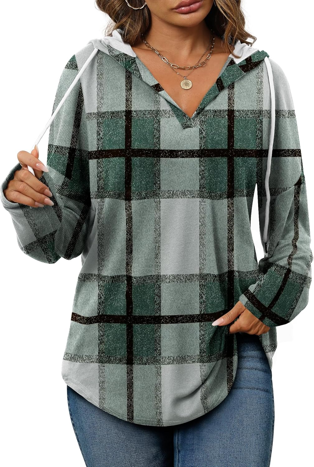 Addie – Plaid Hoodie Long-Sleeve Top for Women