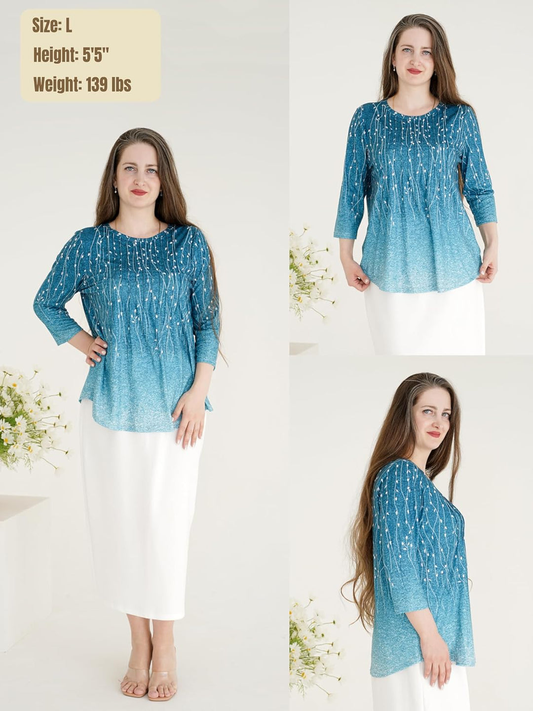 Princess – 3/4 Sleeve Floral Pleated Tunic Top for Women