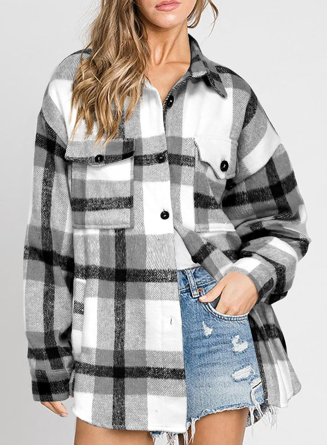 Izzie – Oversized Plaid Button-Up Shacket for Women
