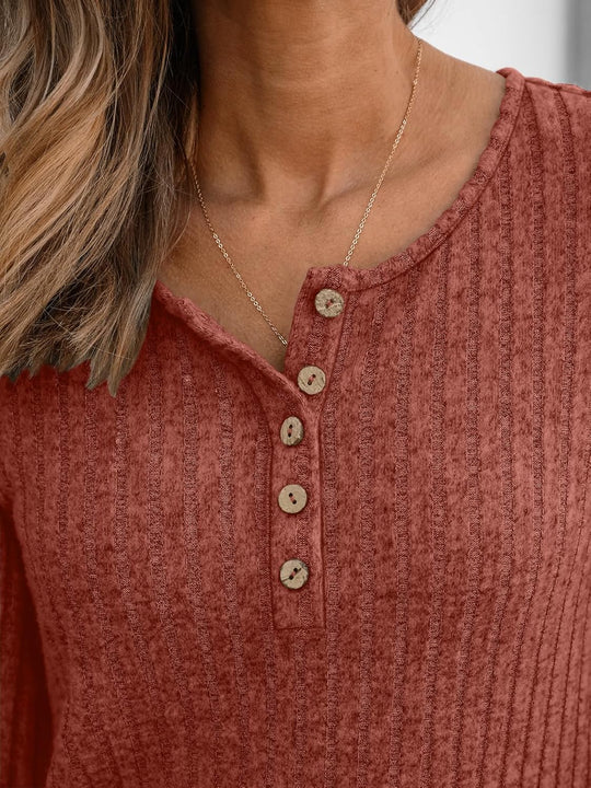 Janelle – Ribbed Knit Henley Long Sleeve Top for Women