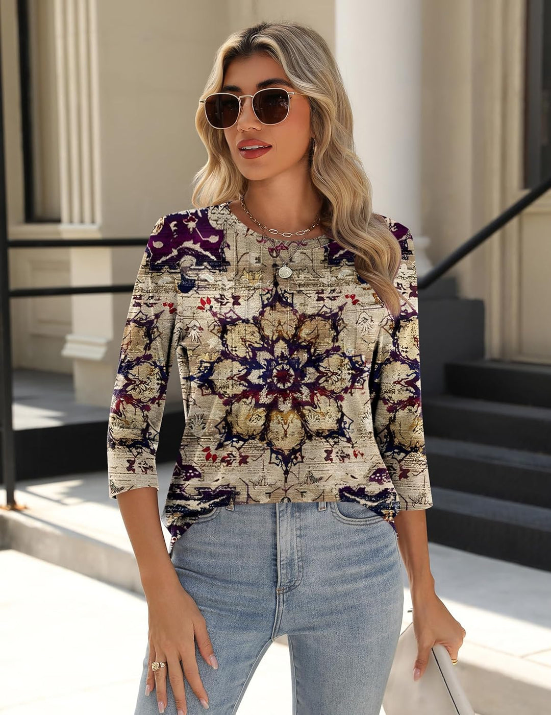 Princess – 3/4 Sleeve Floral Pleated Tunic Top for Women