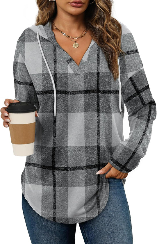 Sara – Cozy Plaid & Solid Print Hoodie Top for Women