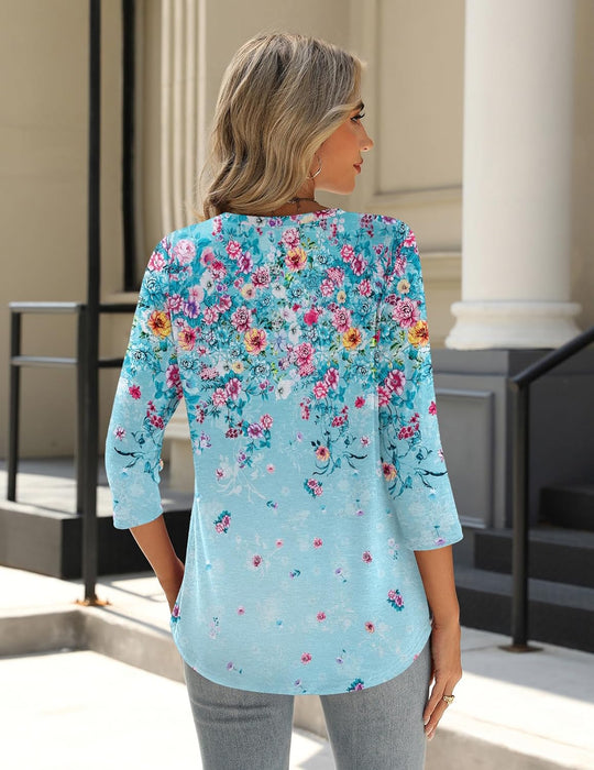 Princess – 3/4 Sleeve Floral Pleated Tunic Top for Women