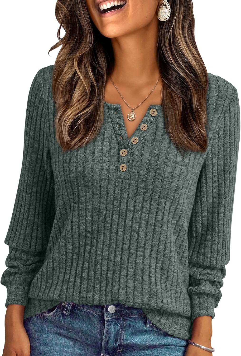 Janelle – Ribbed Knit Henley Long Sleeve Top for Women