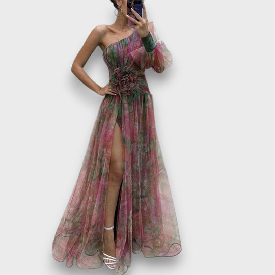 Aurielle – Asymmetrical Maxi Dress with Floral Transparency