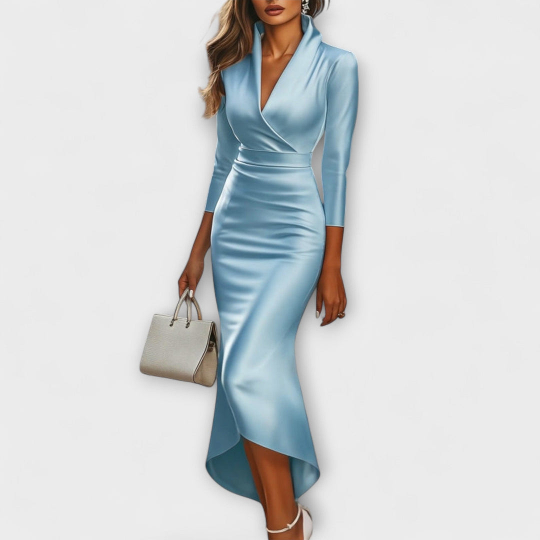 Danira – Asymmetrical Satin Wrap Dress with Stand Collar