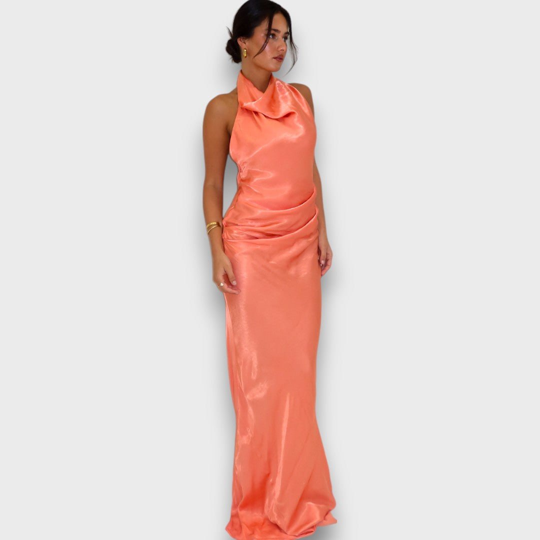 Gaanne – Flowing Halter Dress in Papaya Tone