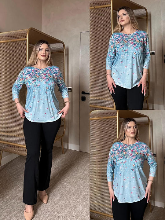 Princess – 3/4 Sleeve Floral Pleated Tunic Top for Women