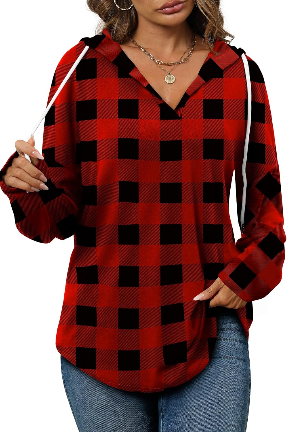 Addie – Plaid Hoodie Long-Sleeve Top for Women