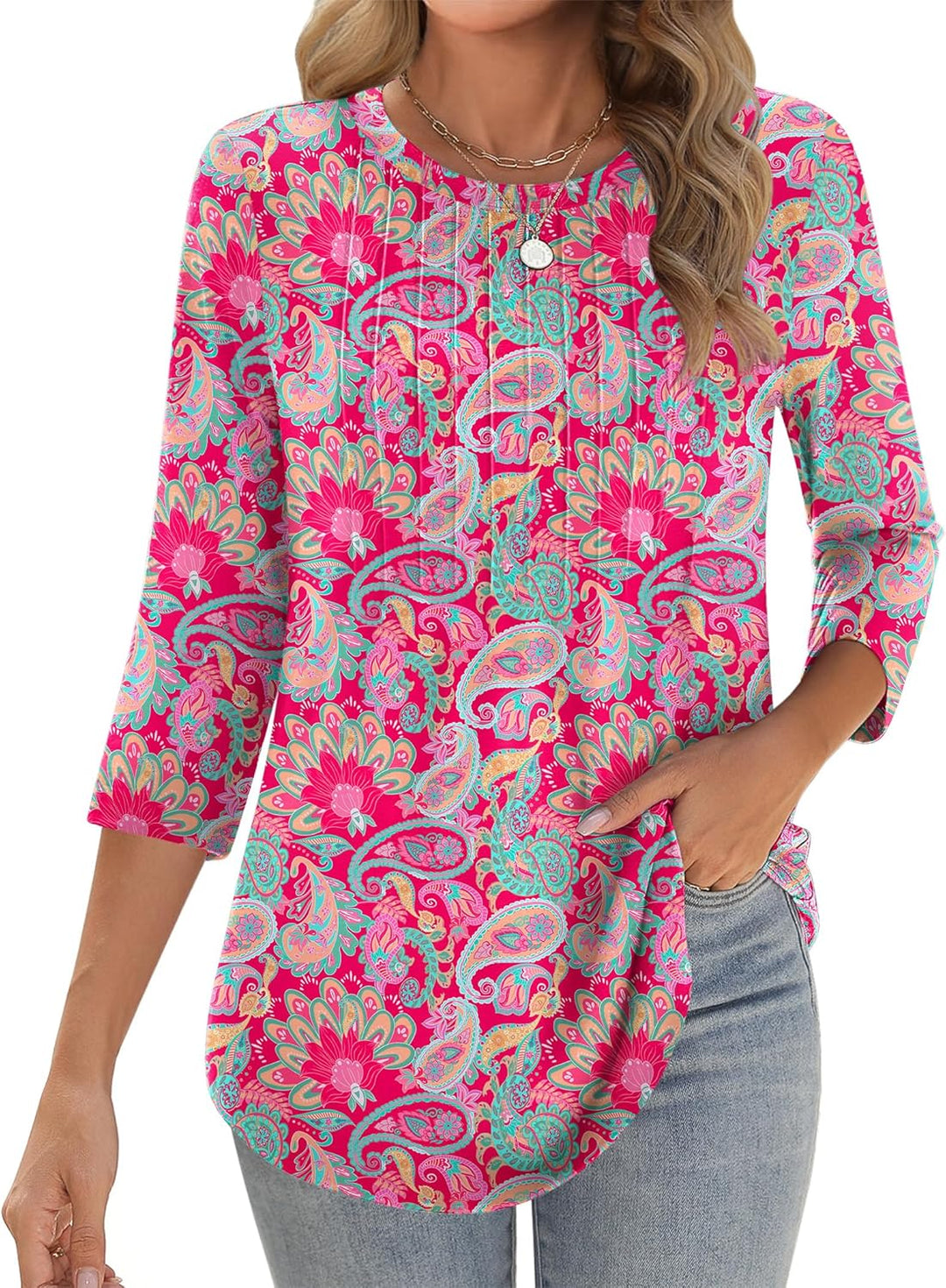 Princess – 3/4 Sleeve Floral Pleated Tunic Top for Women