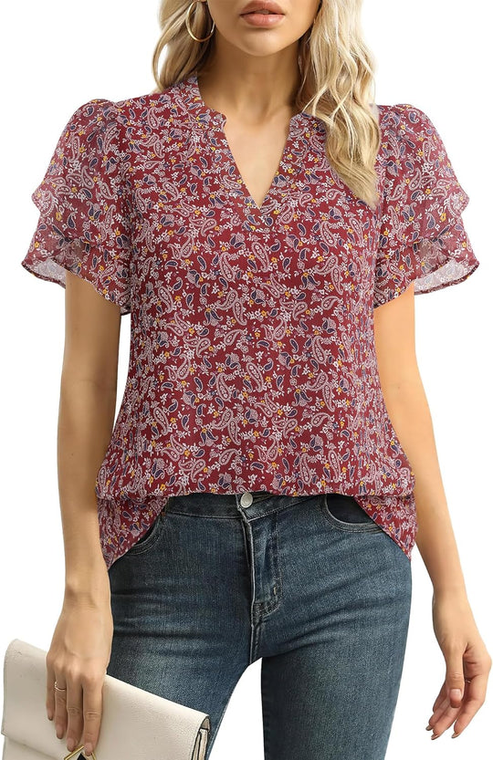 Roberta – Feminine Flutter Sleeve V-Neck Blouse for Women
