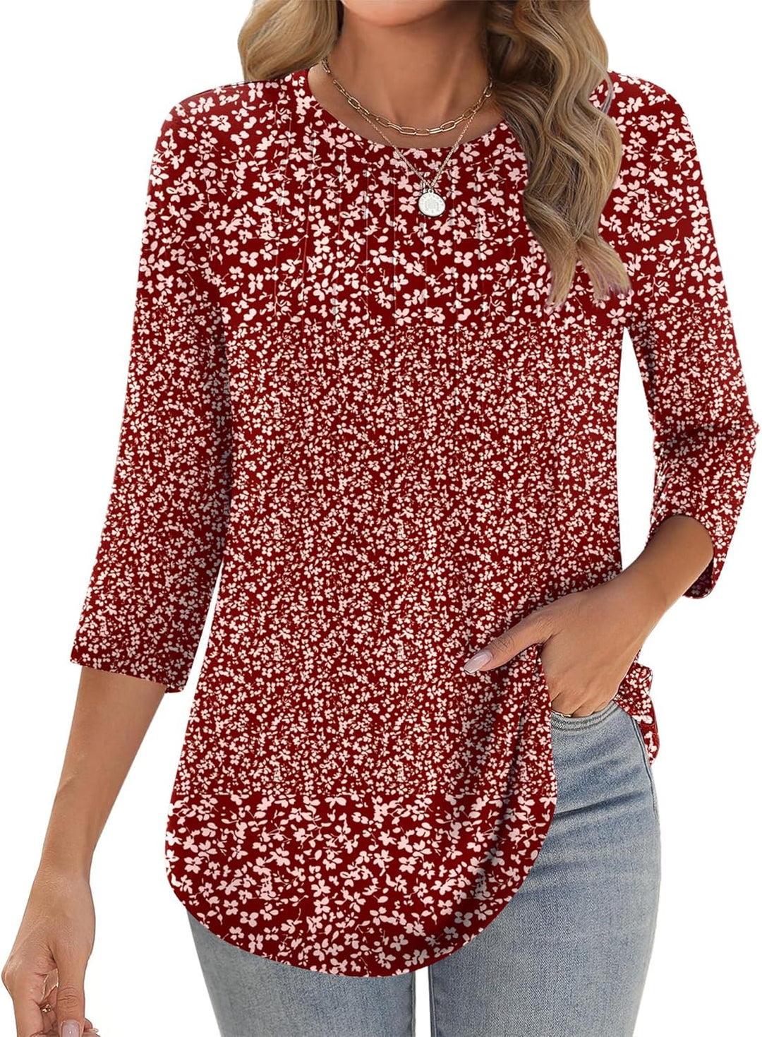 Princess – 3/4 Sleeve Floral Pleated Tunic Top for Women