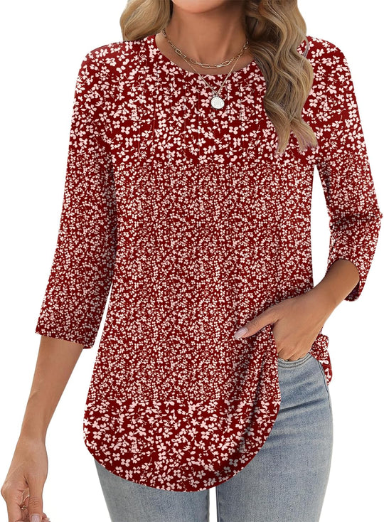 Princess – 3/4 Sleeve Floral Pleated Tunic Top for Women
