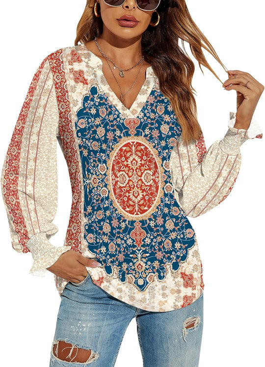 Sabine – Ethnic Print V-Neck Blouse for Women