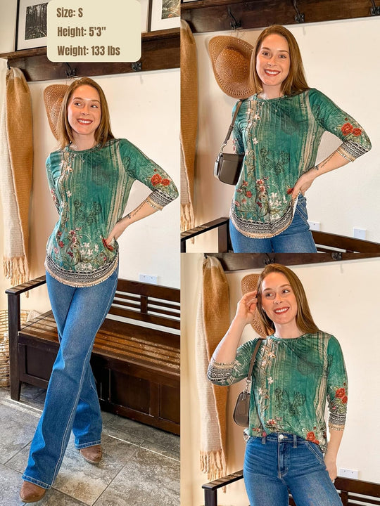 Princess – 3/4 Sleeve Floral Pleated Tunic Top for Women