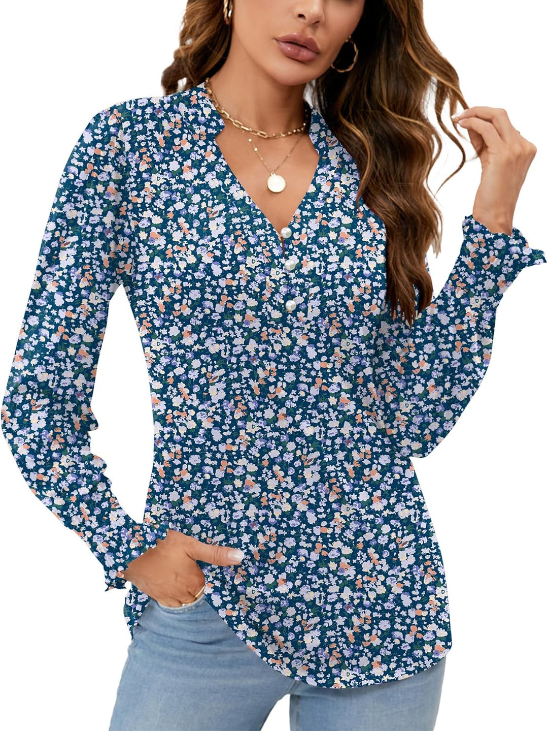 Roma – Long Sleeve V-Neck Button Blouse for Women