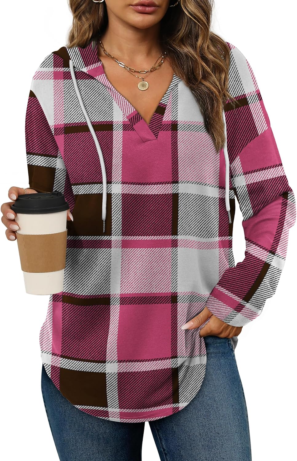 Addie – Plaid Hoodie Long-Sleeve Top for Women