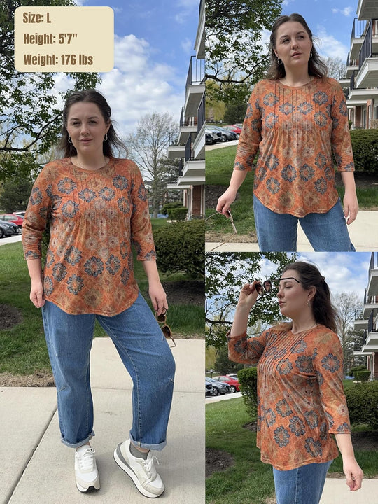 Princess – 3/4 Sleeve Floral Pleated Tunic Top for Women