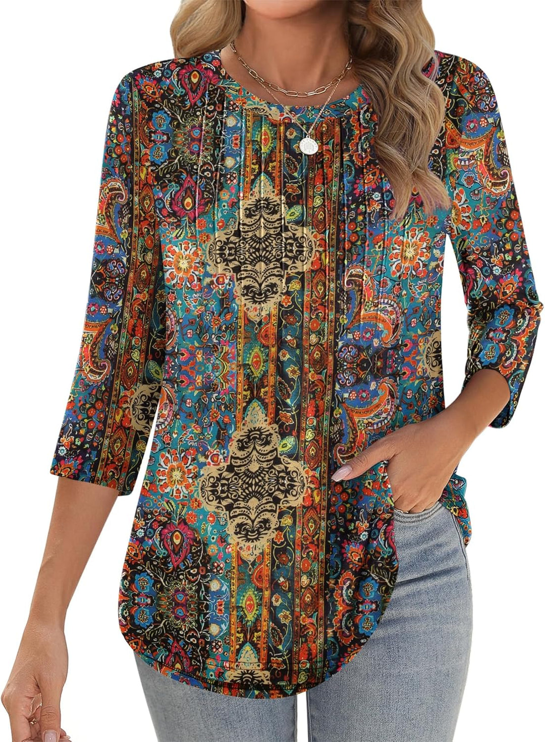 Princess – 3/4 Sleeve Floral Pleated Tunic Top for Women