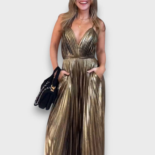 Aurora – Golden Pleated Dress with Deep Neckline