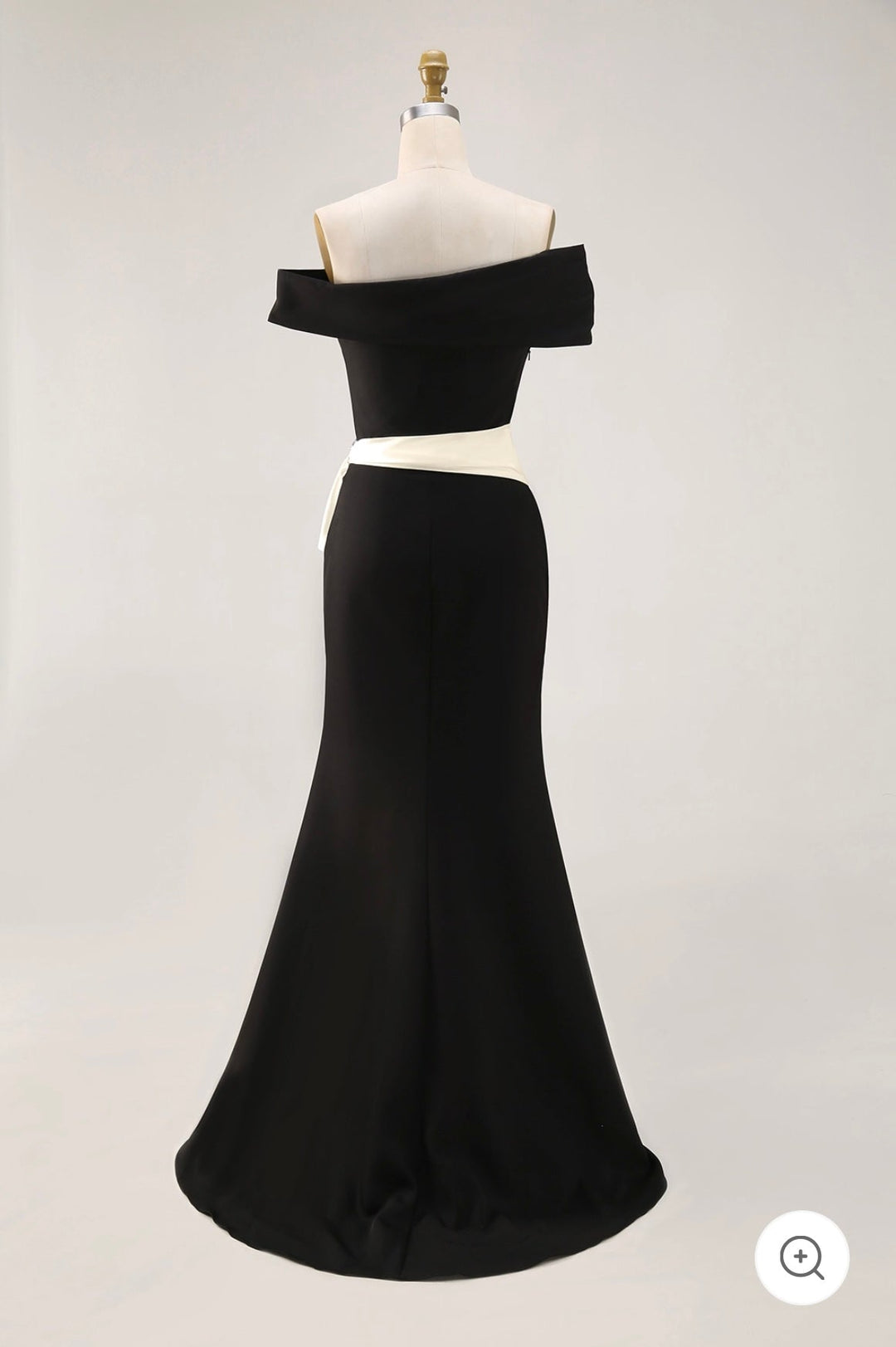 Solenne – Off-Shoulder Black Evening Gown with Champagne Sash
