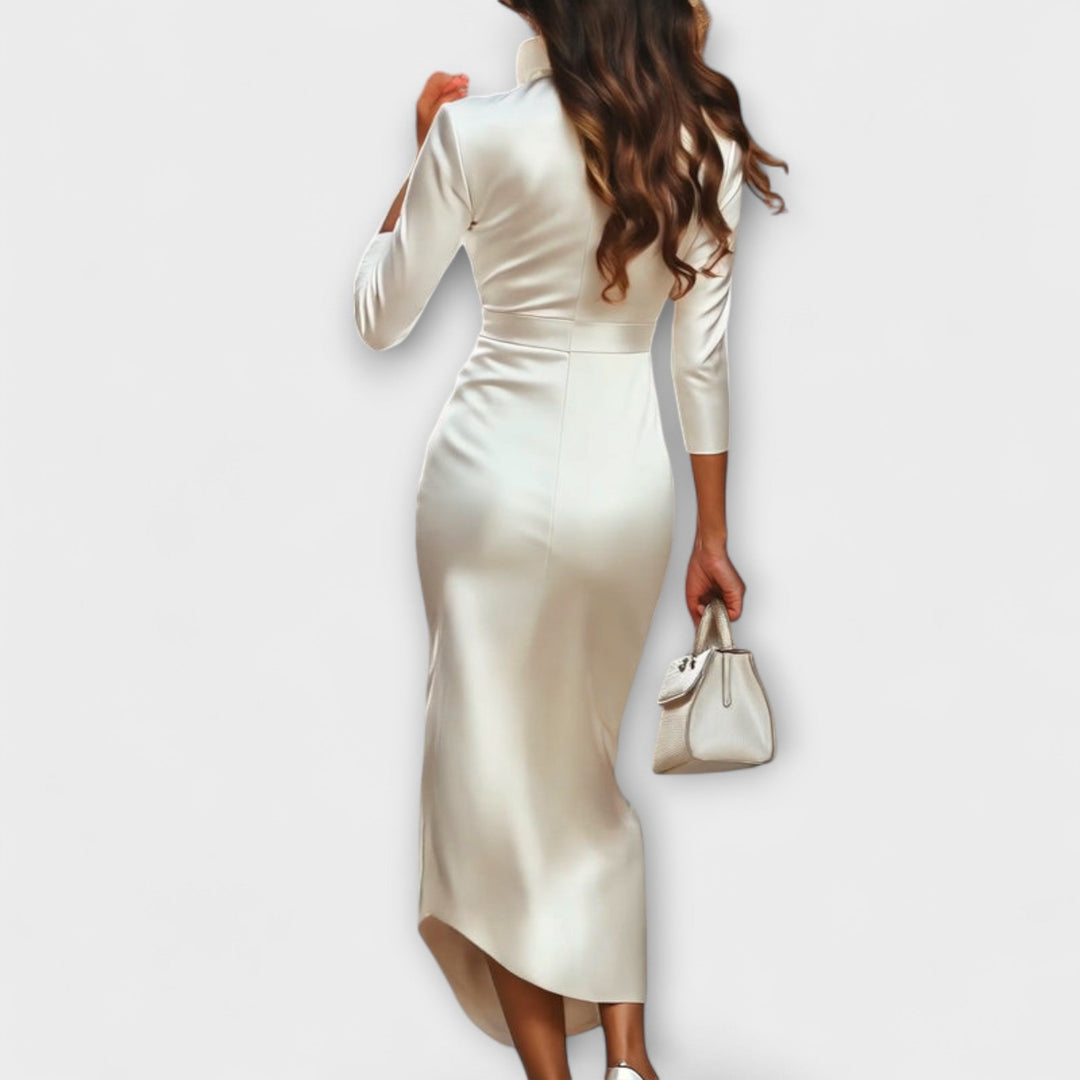Danira – Asymmetrical Satin Wrap Dress with Stand Collar