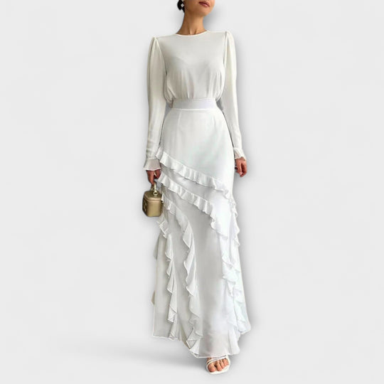 Falerra – Figure-Hugging Maxi Dress with Ruffle Structure