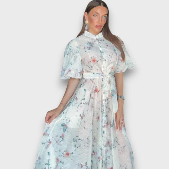 Celindra – Maxi Dress with Floral Texture and Tie Belt