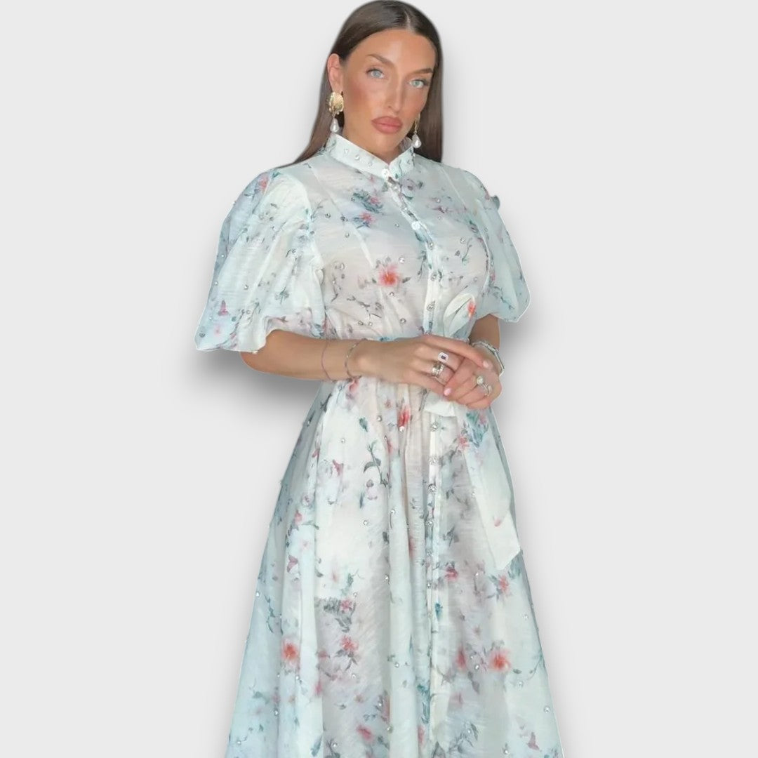 Celindra – Maxi Dress with Floral Texture and Tie Belt