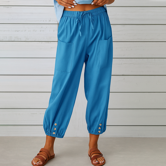 Philippa - Cotton/linen tapered women's trousers with button cuff