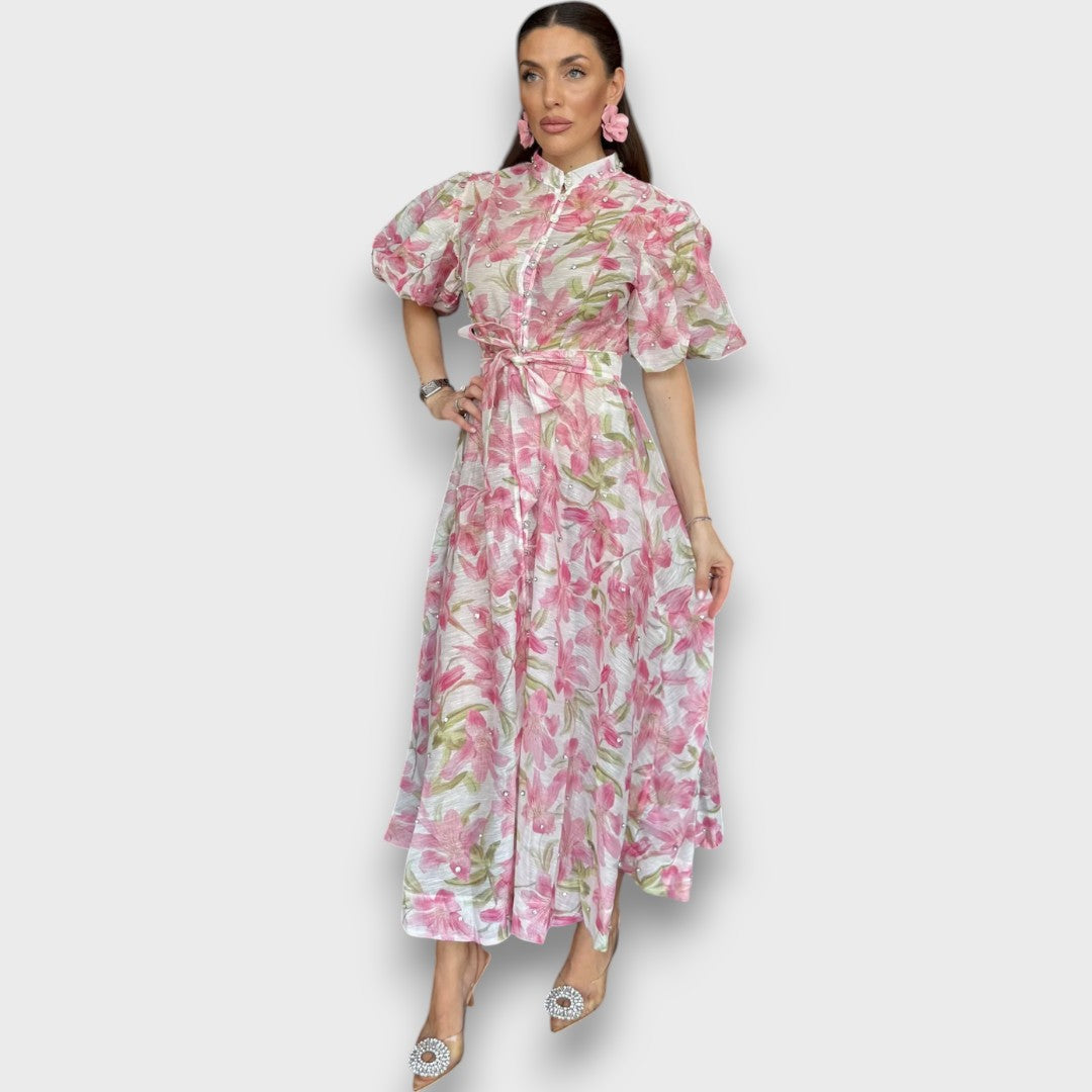 Celindra – Maxi Dress with Floral Texture and Tie Belt