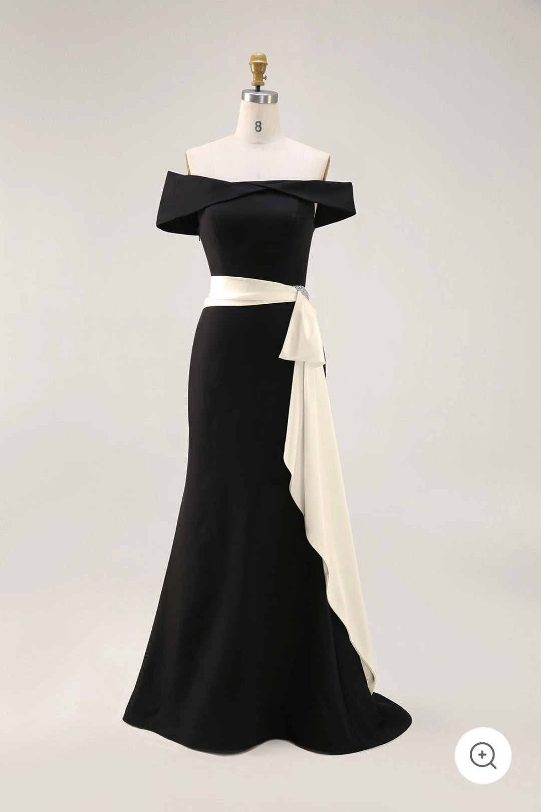 Solenne – Off-Shoulder Black Evening Gown with Champagne Sash