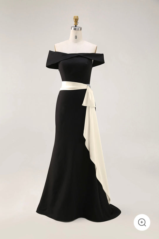 Solenne – Off-Shoulder Black Evening Gown with Champagne Sash