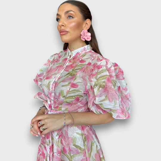Celindra – Maxi Dress with Floral Texture and Tie Belt