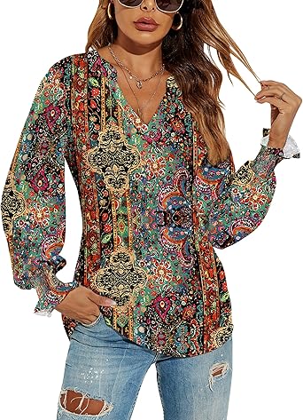 Sabine – Ethnic Print V-Neck Blouse for Women