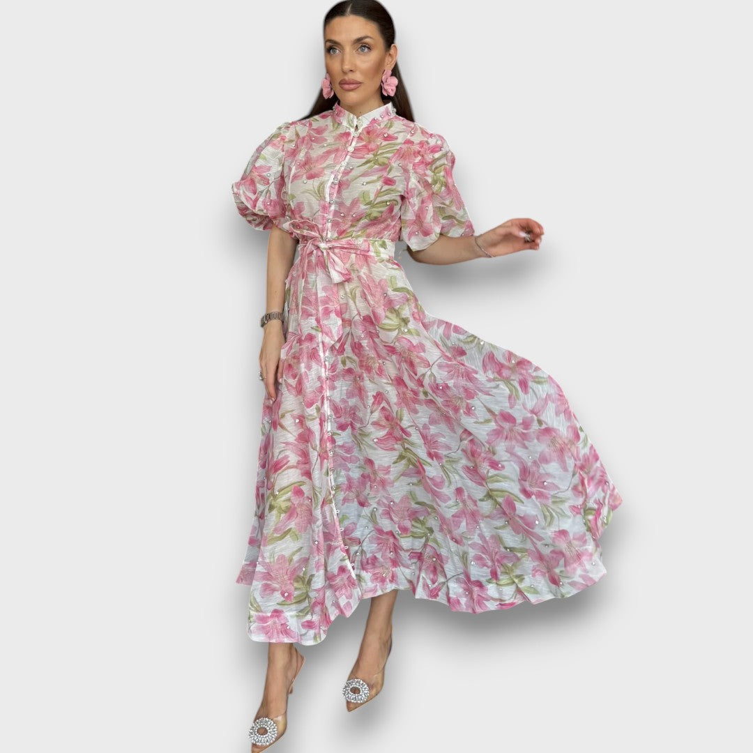 Celindra – Maxi Dress with Floral Texture and Tie Belt