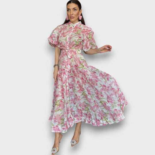 Celindra – Maxi Dress with Floral Texture and Tie Belt