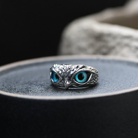 Saylor – Sterling Silver Owl Ring with Blue Gemstone Eyes for Women